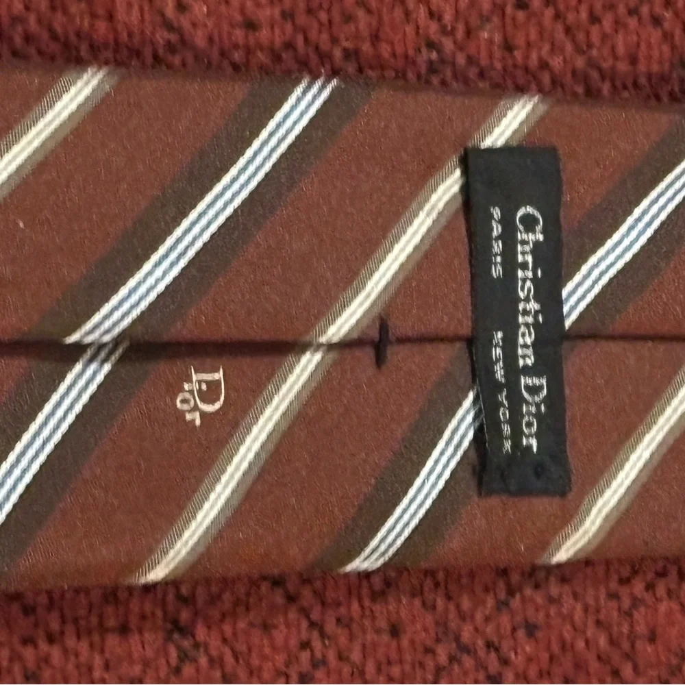 Christian Dior Men's Silk Necktie Brown‎ Stripe Luxury Designer Made in France
